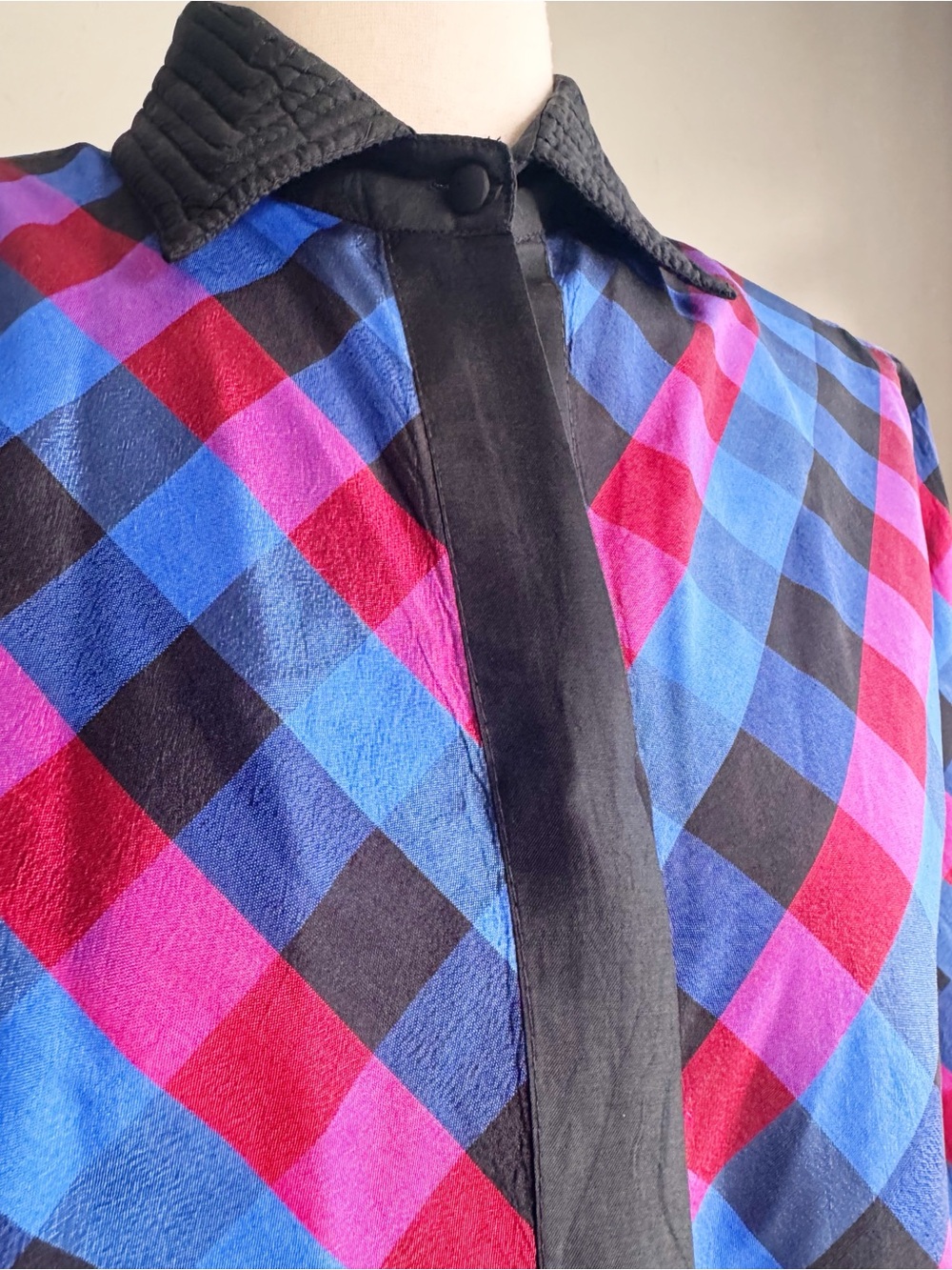 Vintage 100% Thai Silk Plaid Blouse | Jewel Tone Puff Sleeve Button Front | 12 - Picture 5 of 10